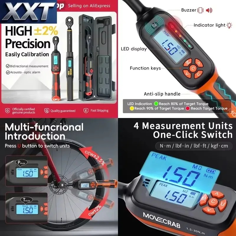 Torque Wrench - XXT デジタル式トルクレンチ 1.5-340N.m 2%精度 プリセット値付き ブザー、LEDフラッシュ、ハンドル振動機能搭載